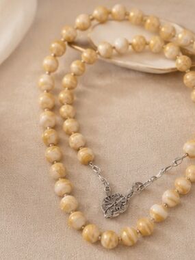 Marbled Yellow Beaded Necklace with Silver Coin Pendant